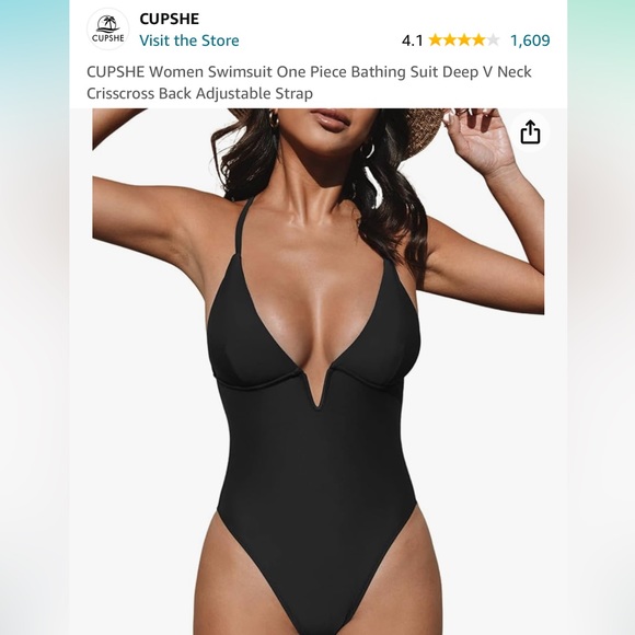 Cupshe Deep v neck one piece swimsuit in black - Picture 3 of 5